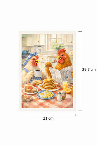 Funny Chicken Breakfast Print | Whimsical Watercolor Kitchen Art (A4 Portrait)