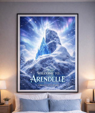 Framed 'Welcome to Arendelle' poster above a bed in a bedroom setting.