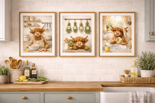 Highland Cow Kitchen Prints Set | Farmhouse Cottage Wall Art, A4 A3