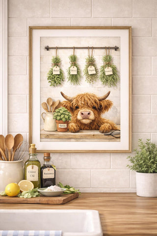 Highland Cow Kitchen Prints Set | Farmhouse Cottage Wall Art, A4 A3