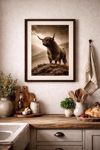 Highland Cow Print Set – Sepia Scottish Farmhouse Photography, A4 Unframed