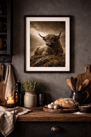 Highland Cow Print Set – Sepia Scottish Farmhouse Photography, A4 Unframed