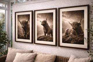Highland Cow Print Set – Sepia Scottish Farmhouse Photography, A4 Unframed