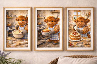 Highland Cow Baking Print Set | Cottage Kitchen A4 Wall Art