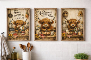 Highland Cow Kitchen Prints, Rustic Farmhouse Wall Art, Set of 3, A4 A3