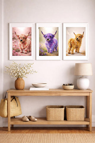 Highland Cow Floral Art Print Set | Botanical Animal Illustration