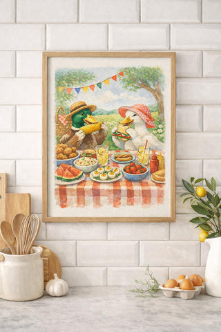 Whimsical Duck Picnic Print | Cottage Kitchen A4 Wall Art