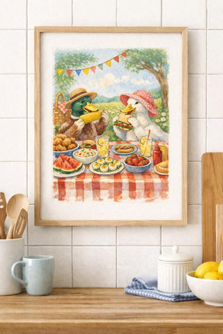 Whimsical Duck Picnic Print | Cottage Kitchen A4 Wall Art
