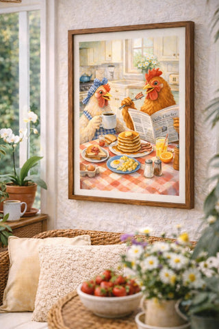Funny Chicken Breakfast Print | Whimsical Watercolor Kitchen Art (A4 Portrait)