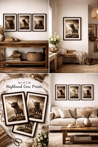 Highland Cow Print Set – Sepia Scottish Farmhouse Photography, A4 Unframed