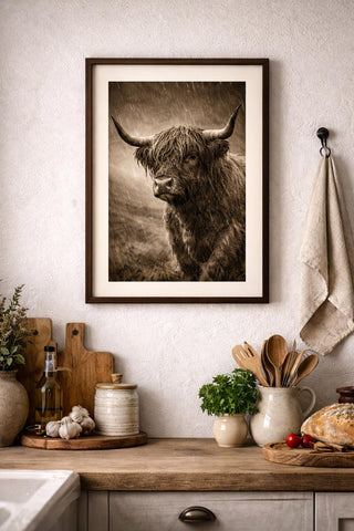 Highland Cow Print Set – Sepia Scottish Farmhouse Photography, A4 Unframed