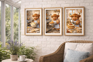 Highland Cow Baking Print Set | Cottage Kitchen A4 Wall Art