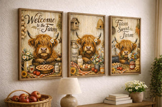 Highland Cow Kitchen Prints, Rustic Farmhouse Wall Art, Set of 3, A4 A3