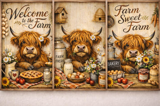 Highland Cow Kitchen Prints, Rustic Farmhouse Wall Art, Set of 3, A4 A3