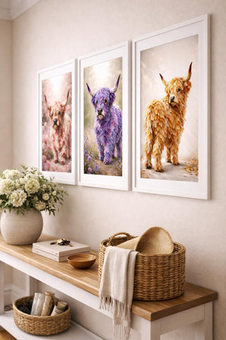 Highland Cow Floral Art Print Set | Botanical Animal Illustration