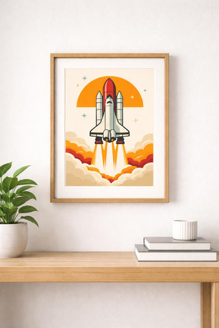 Retro Space Shuttle Launch Poster | Mid-Century Modern Wall Art (A4 Print)