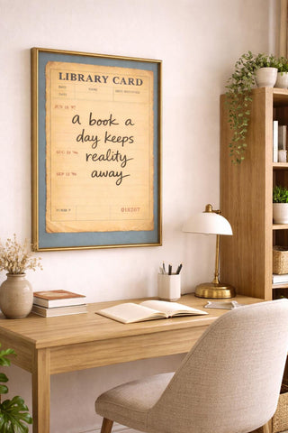 Vintage Library Card Print – A Book A Day Quote Poster – Book Lover Wall Art