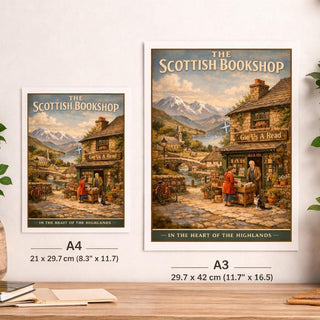 Scottish Bookshop Print – Highland Village Art, Vintage Travel Style Scotland