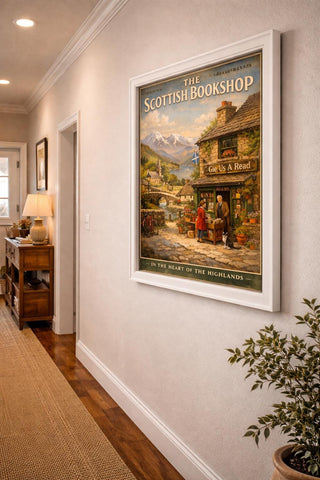 Scottish Bookshop Print – Highland Village Art, Vintage Travel Style Scotland