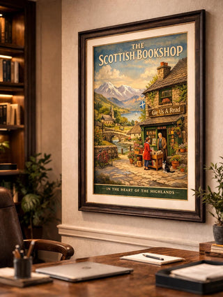 Scottish Bookshop Print – Highland Village Art, Vintage Travel Style Scotland