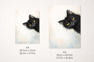 Scruffy Black Cat Peeking Print – Quirky Watercolor Wall Art (A4 A3)