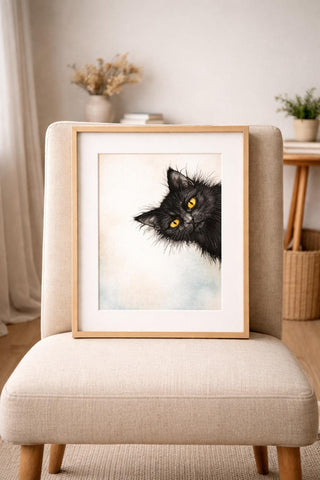 Scruffy Black Cat Peeking Print – Quirky Watercolor Wall Art (A4 A3)