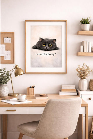 Funny Black Cat Print – "Whatcha Doing?" Curious Pet Wall Art (A4 A3)
