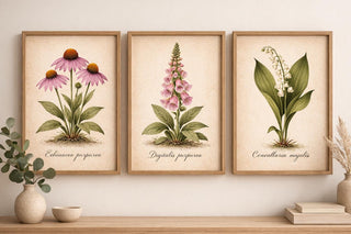 Vintage Botanical Prints Set of 3 – Antique Flower Illustrations – Echinacea, Foxglove & Lily of the Valley – Botanical Wall Art – A4 A3