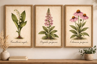 Vintage Botanical Prints Set of 3 – Antique Flower Illustrations – Echinacea, Foxglove & Lily of the Valley – Botanical Wall Art – A4 A3