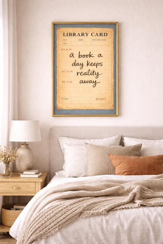 Vintage Library Card Print – A Book A Day Quote Poster – Book Lover Wall Art