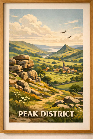 Peak District Vintage Travel Poster – English Countryside Landscape Wall Art (A4 A3)