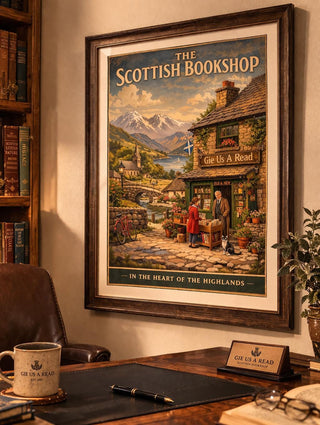 Scottish Bookshop Print – Highland Village Art, Vintage Travel Style Scotland