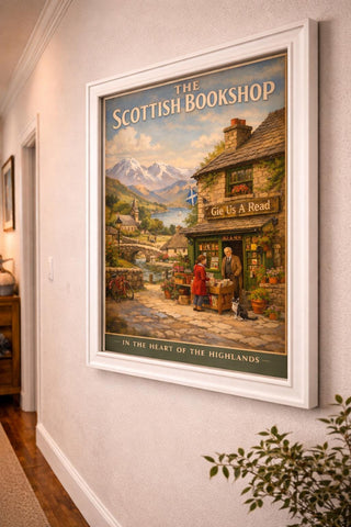 Scottish Bookshop Print – Highland Village Art, Vintage Travel Style Scotland
