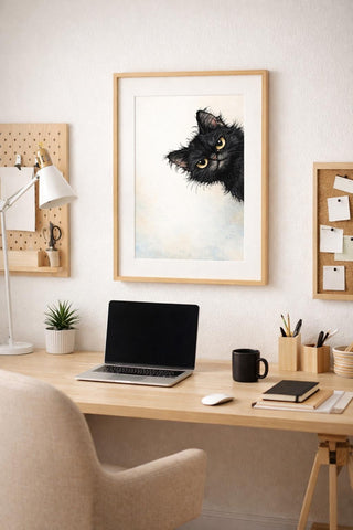 Scruffy Black Cat Peeking Print – Quirky Watercolor Wall Art (A4 A3)