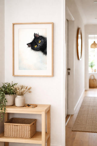 Scruffy Black Cat Peeking Print – Quirky Watercolor Wall Art (A4 A3)