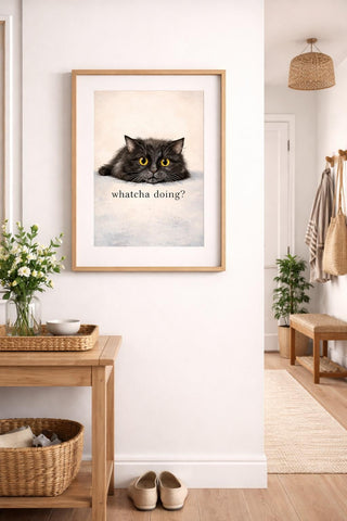 Funny Black Cat Print – "Whatcha Doing?" Curious Pet Wall Art (A4 A3)