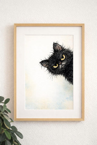 Scruffy Black Cat Peeking Print – Quirky Watercolor Wall Art (A4 A3)