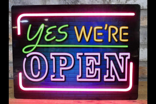 Yes, We're Open - Colourful LED Neon Sign | Bar Wall Decor, Man Cave Light