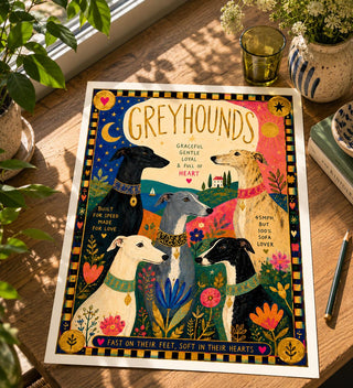 Greyhound Folk Art Print | Naive Dog Poster, Colourful Home Decor (A5, A4, A3)