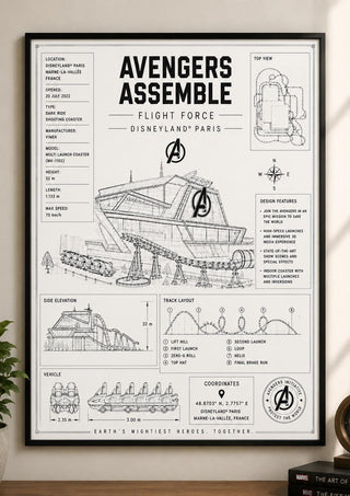 Avengers Assemble: Flight Force, Blueprint Print, Disneyland Paris Attraction Art (A5/A4/A3)