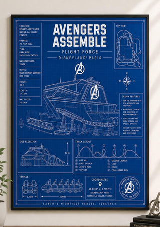 Avengers Assemble: Flight Force, Blueprint Print, Disneyland Paris Attraction Art (A5/A4/A3)