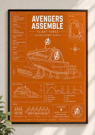 Avengers Assemble: Flight Force, Blueprint Print, Disneyland Paris Attraction Art (A5/A4/A3)