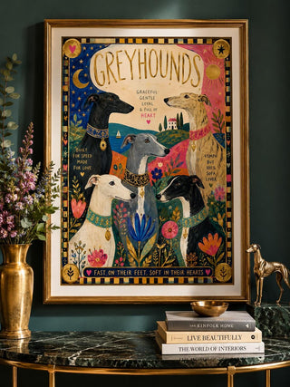Greyhound Folk Art Print | Naive Dog Poster, Colourful Home Decor (A5, A4, A3)