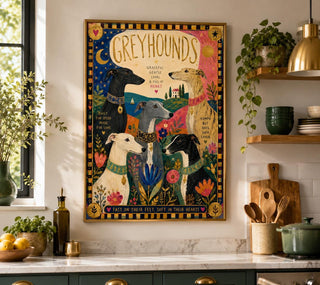 Greyhound Folk Art Print | Naive Dog Poster, Colourful Home Decor (A5, A4, A3)