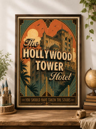 Tower of Terror, Hollywood Tower Hotel Vintage Travel Poster | Art Deco Theme Park Wall Art | Haunted Hotel Print | A5 A4 A3