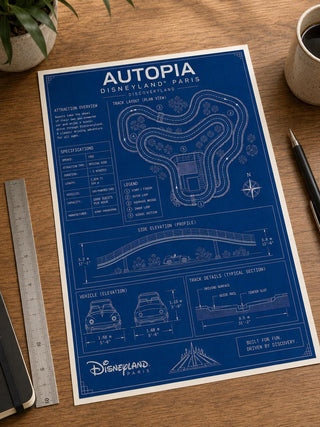 Autopia Ride, Blueprint Print, Disneyland Paris Attraction Art (A5/A4/A3)
