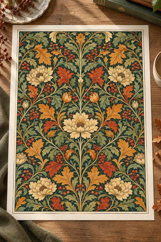 William Morris Autumn Print, Green Orange Style