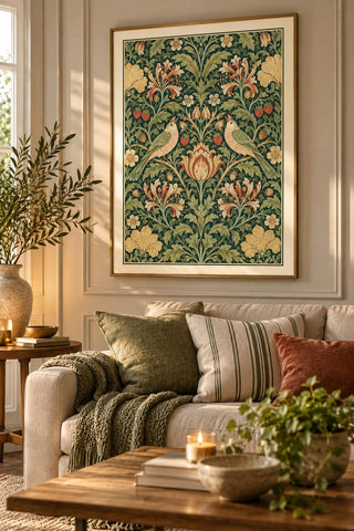 William Morris Style Botanical Print, Floral Bird Green Decor