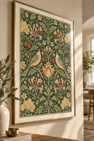 William Morris Style Botanical Print, Floral Bird Green Decor