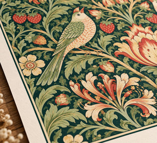 William Morris Style Botanical Print, Floral Bird Green Decor